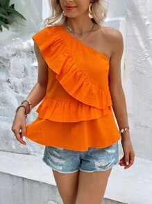 SHEIN VCAY One Shoulder Ruffle Trim Peplum Blouse