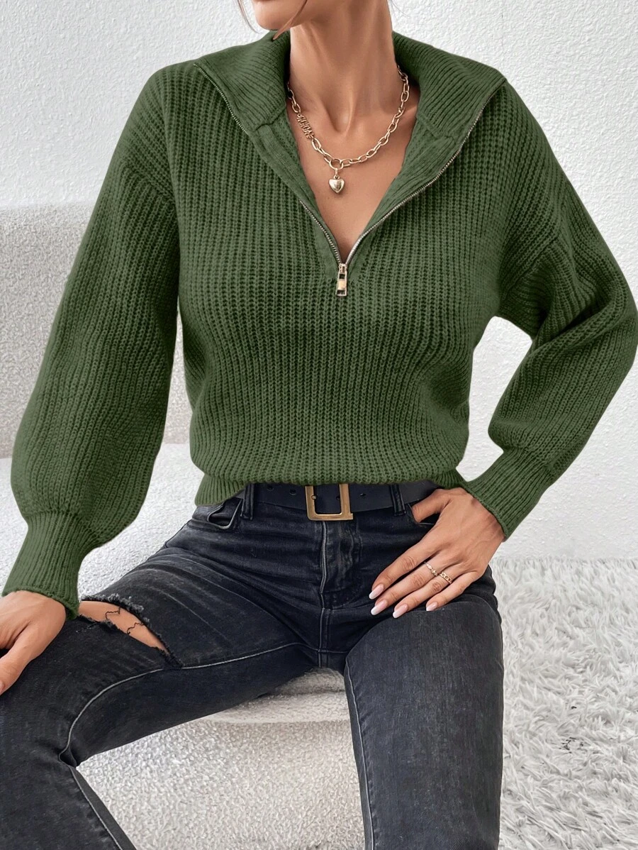 SHEIN Frenchy 半拉链罗纹针织落肩绿领灯笼袖毛衣，秋冬长袖上衣 - 軍綠色 - 查看 1