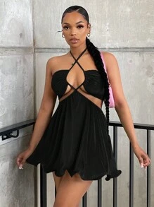 SHEIN SXY Crisscross Tie Backless Halter Neck Backless Dress - Black - View 1