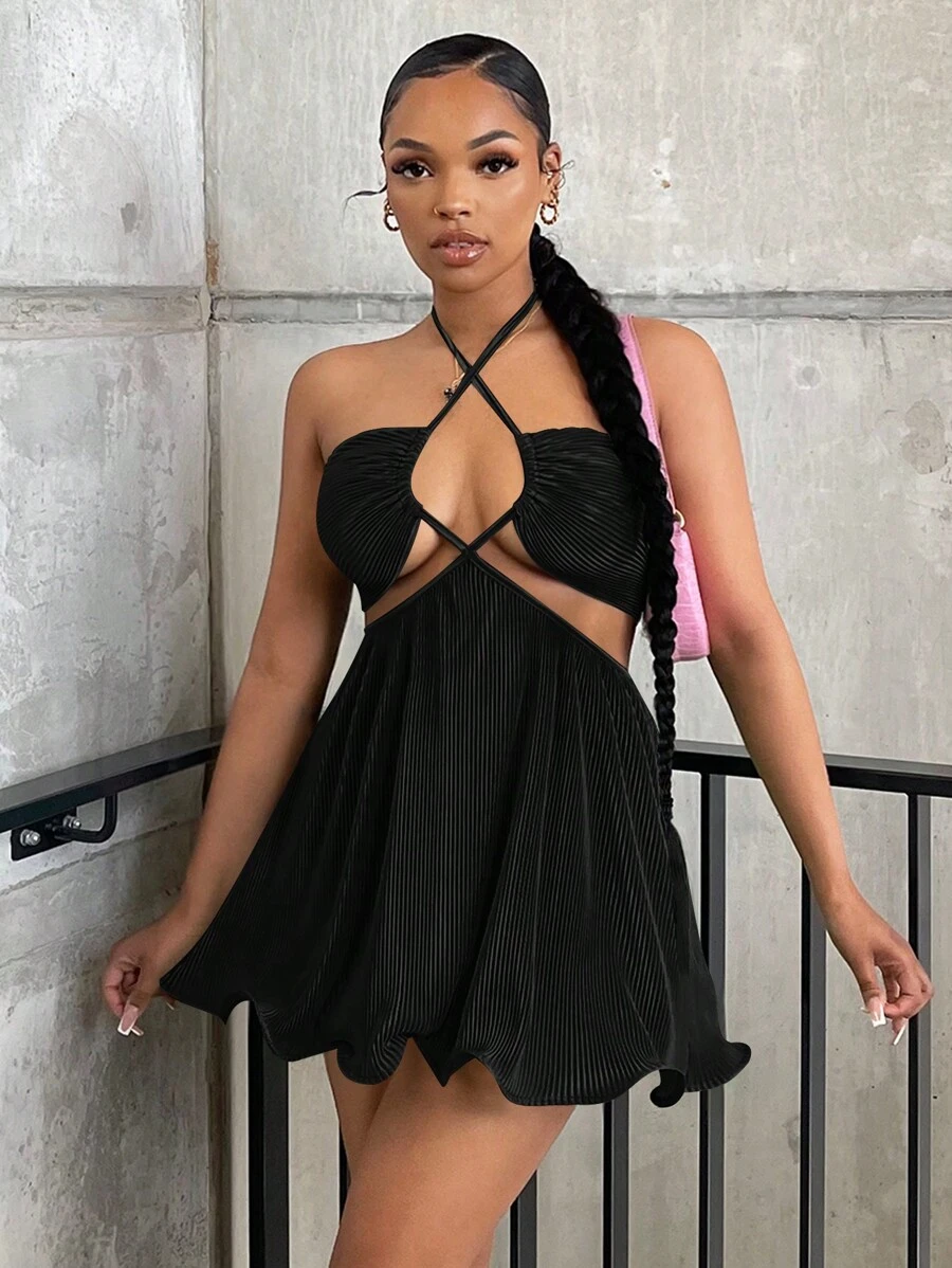 SHEIN SXY Crisscross Tie Backless Halter Neck Backless Dress - Black - View 1