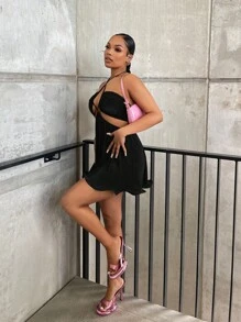 SHEIN SXY Crisscross Tie Backless Halter Neck Backless Dress - Black - View 3