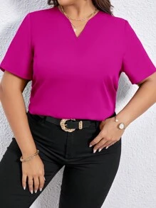 SHEIN Privé Blusa unicolor de cuello de muesca - Rosa Fucsia - Ver 4