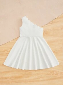 SHEIN Đầm bé gái Bất đối xứng Sò điệp màu trơn Giải trí - trắng - Xem 2