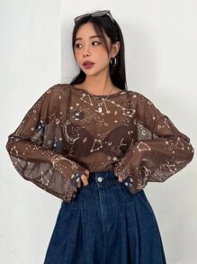 DAZY Galaxy Print Sheer Top Without Bra - Coffee Brown - View 1