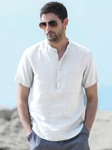 NITAGUT Men Patched Pocket Half Button Shirt - White - View 1