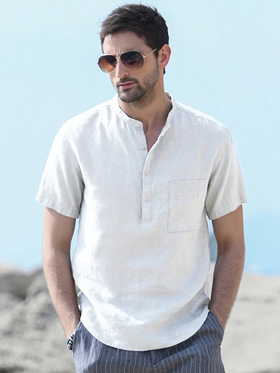 NITAGUT Men Patched Pocket Half Button Shirt - White - View 1