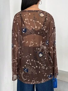 DAZY Galaxy Print Sheer Top Without Bra - Coffee Brown - View 2
