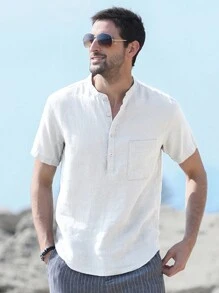 NITAGUT Men Patched Pocket Half Button Shirt - White - View 4