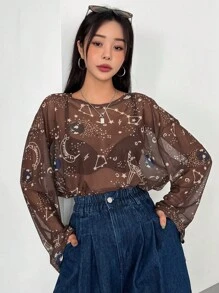 DAZY Galaxy Print Sheer Top Without Bra - Coffee Brown - View 4