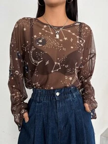 DAZY Galaxy Print Sheer Top Without Bra - Coffee Brown - View 6