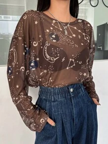 DAZY Galaxy Print Sheer Top Without Bra - Coffee Brown - View 7