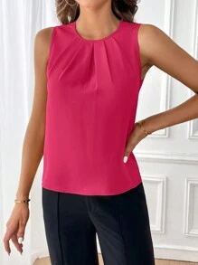 SHEIN Privé Solid Fold Pleated Detail Summer Sleeveless Blouse,Sleeveless Tops - Hot Pink - View 5