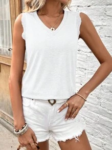 SHEIN LUNE Solid Scallop Trim Tank Top - White - View 3