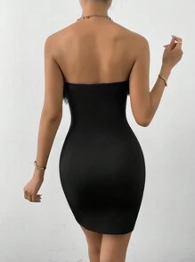 Zolique Layered Mesh Trim Tube Bodycon Dress - Black - View 2