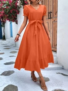 SHEIN VCAY 泡泡袖荷葉邊繫腰帶連衣裙 - 橘色 - 查看 1