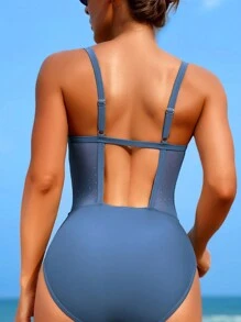 網紗拼接鋼圈聚攏連身泳裝 - 霧霾藍 - 查看 2