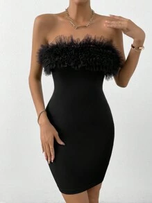 Zolique Layered Mesh Trim Tube Bodycon Dress - Black - View 4