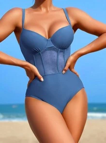 網紗拼接鋼圈聚攏連身泳裝 - 霧霾藍 - 查看 3