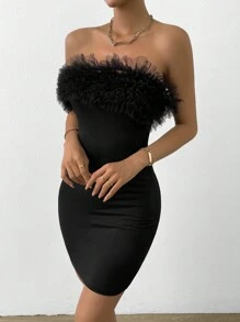 Zolique Layered Mesh Trim Tube Bodycon Dress - Black - View 6