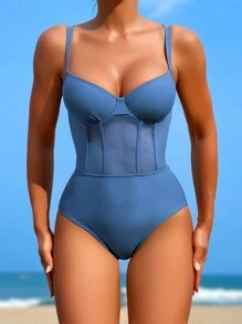 網紗拼接鋼圈聚攏連身泳裝 - 霧霾藍 - 查看 4