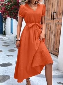 SHEIN VCAY 泡泡袖荷葉邊繫腰帶連衣裙 - 橘色 - 查看 6