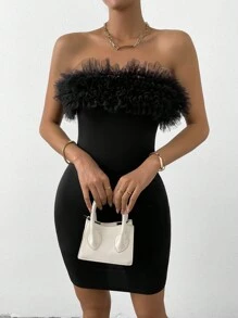 Zolique Layered Mesh Trim Tube Bodycon Dress - Black - View 7