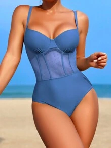 網紗拼接鋼圈聚攏連身泳裝 - 霧霾藍 - 查看 6