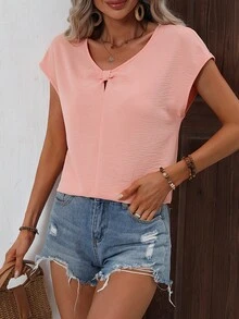 SHEIN LUNE Solid Batwing Sleeve Blouse - Coral Pink - View 6