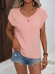 SHEIN LUNE Solid Batwing Sleeve Blouse - Coral Pink - View 4