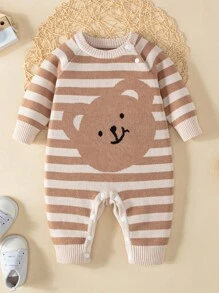 Baby Girl Cartoon Pattern Striped Knit Jumpsuit - Multicolor - View 1