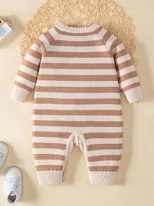 Baby Girl Cartoon Pattern Striped Knit Jumpsuit - Multicolor - View 2