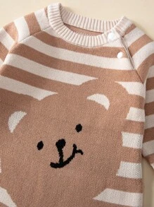 Baby Girl Cartoon Pattern Striped Knit Jumpsuit - Multicolor - View 4