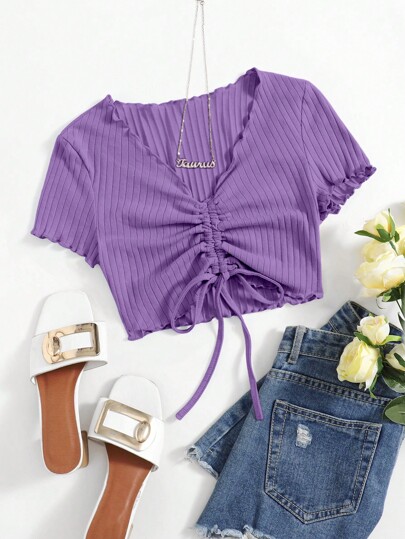 SHEIN EZwear Plus Drawstring Front Lettuce Trim Ribbed Knit Tee