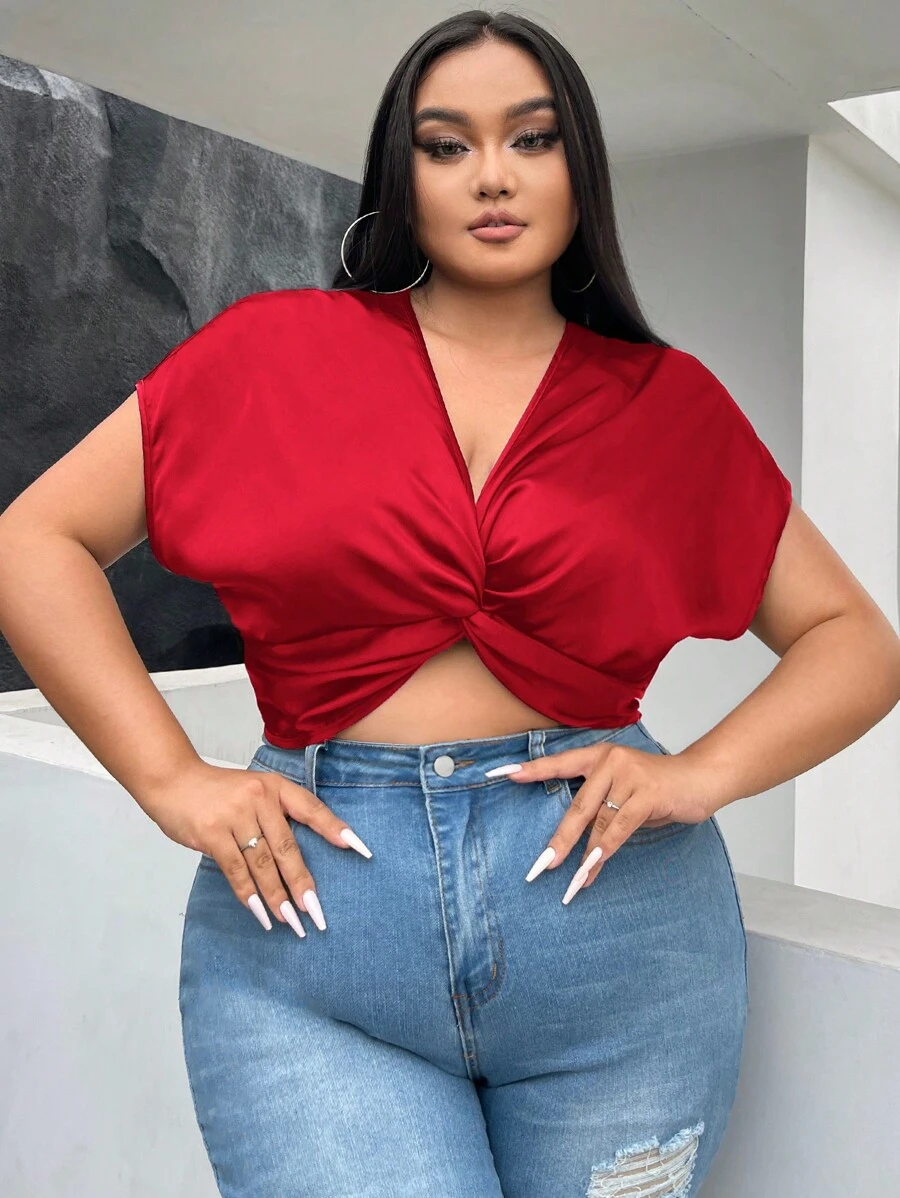 SHEIN SXY Plus Twist Front Batwing Sleeve Crop Blouse - Red - View 1