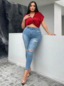 SHEIN SXY Talla grande Camisa crop girante delantero de manga murciélago