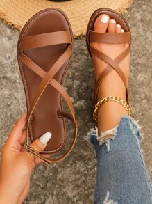 女士交叉露跟涼鞋,優雅夏天棕色平底涼鞋