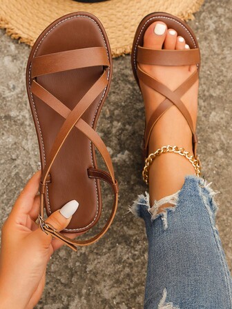 女士交叉露跟涼鞋,優雅夏天棕色平底涼鞋