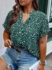 SHEIN LUNE 夏季碎花印花蝙蝠袖衬衫 - 墨綠色 - 查看 1