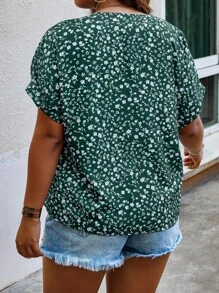 SHEIN LUNE 夏季碎花印花蝙蝠袖衬衫 - 墨綠色 - 查看 2