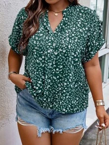 SHEIN LUNE 夏季碎花印花蝙蝠袖衬衫 - 墨綠色 - 查看 4