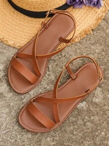 女士交叉露跟涼鞋,優雅夏天棕色平底涼鞋