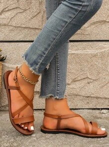 女士交叉露跟涼鞋,優雅夏天棕色平底涼鞋