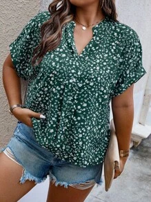 SHEIN LUNE 夏季碎花印花蝙蝠袖衬衫 - 墨綠色 - 查看 5