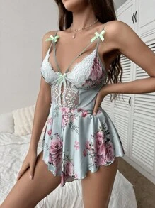 Rompers Nữ Tương phản ren cắt Hoa Gợi cảm - Màu xanh Bạc hà - Xem 1