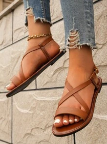 女士交叉露跟涼鞋,優雅夏天棕色平底涼鞋