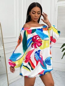 Slaydiva 熱帶圖案一字肩燈籠袖連衣裙 - 彩色 - 查看 3