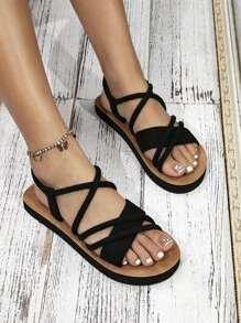 女性交叉露跟涼鞋,優雅黑色仿麂皮平底涼鞋 - 黑色 - 查看 4