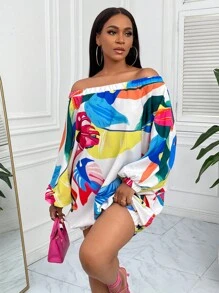 Slaydiva 熱帶圖案一字肩燈籠袖連衣裙 - 彩色 - 查看 4