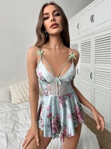 Rompers Nữ Tương phản ren cắt Hoa Gợi cảm - Màu xanh Bạc hà - Xem 5