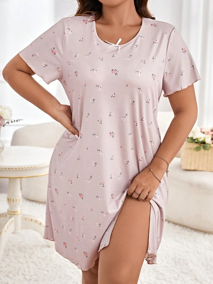 大碼碎花睡裙 - 藕粉色 - 查看 1